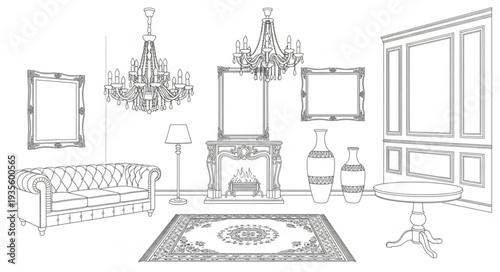 Elegant Drawing Room Interior Design Sketch.