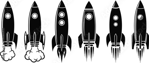 Black and white rocket ship vector icons set, retro spacecraft launch silhouettes, vintage space travel illustrations, galactic exploration shuttle clip-art.