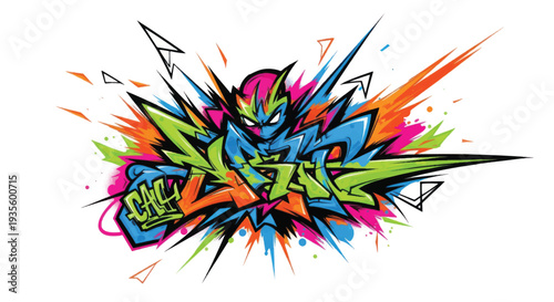 Colorful abstract graffiti street art burst with dynamic shapes.