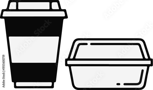 A simple black and white line drawing of a disposable coffee cup and a take-out food container