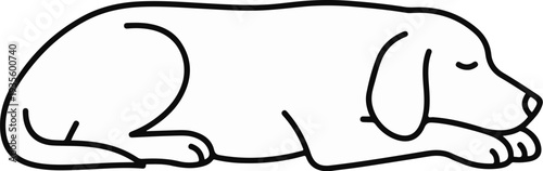 A simple black and white line drawing of a sleeping dog on a white background