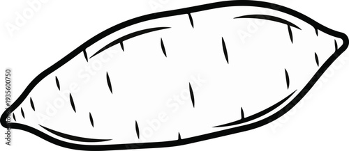 A simple black and white outline drawing of a sweet potato