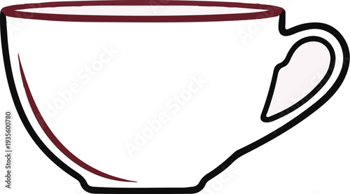A simple line drawing of a white coffee cup with a burgundy rim and accent