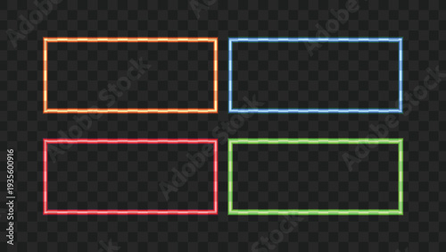 Four glowing neon rectangular frames in different colors on a dark background, perfect for design elements and modern interfaces.