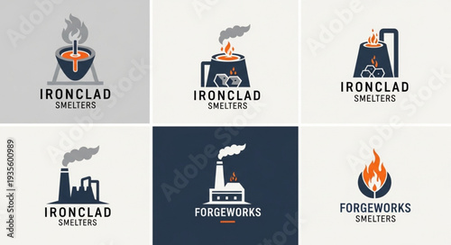 Collection of industrial forge and factory logos and icons.