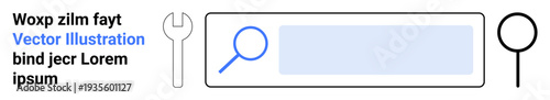Web development, search functions, UX design, online tools, troubleshooting, internet optimization. Search bar with magnifying glass, wrench and key elements. Web development and search functions