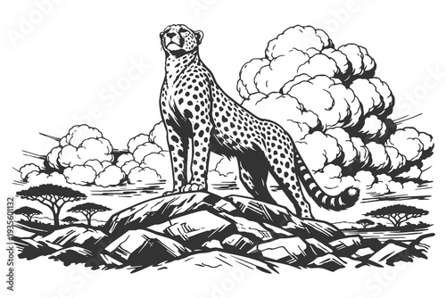 Majestic Cheetah Standing on a Rock Lookout in the African Savanna, Detailed Woodcut Style Vector Illustration for Wildlife Conservation and Safari Design.