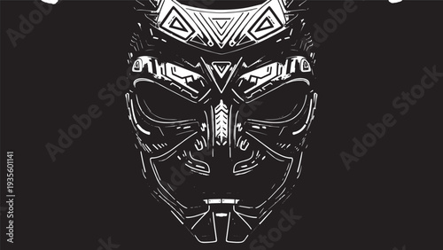 Decorative tribal mask with intricate black and white linework artwork.