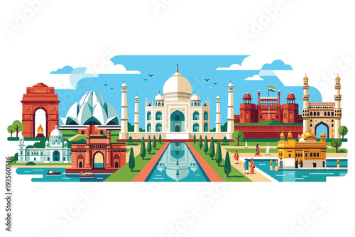 India Landmarks: Showcasing the majestic architecture and rich cultural heritage of India, this image presents iconic landmarks, including the Taj Mahal.
