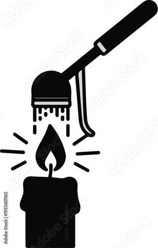 Black illustration of a blowtorch igniting a lit candle with radiating lines