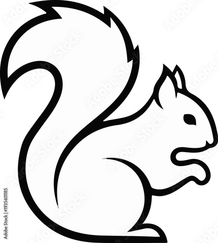 Stylized black and white outline drawing of a squirrel with a large bushy tail