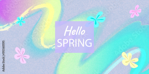 A soft, blurred spring background. Blue, green, and yellow colors. Sky, grass, greenery and flying flowers Vector illustration