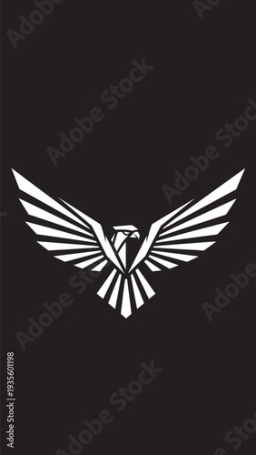 Bold white eagle emblem with outstretched wings on dark background, a striking heraldic insignia and abstract crest motif.