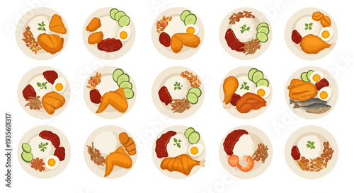 Nasi Lemak Illustration Set, Traditional Singaporean and Malaysian Coconut Rice with Various Side Dishes, Asian Food Vector Graphics