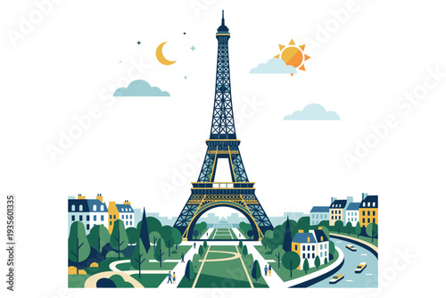 Parisian Icon: An artistic illustration of the Eiffel Tower, the iconic landmark of Paris, France, stands tall amidst a charming cityscape under the sun and moon.