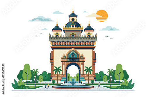 Triumphant Arch Icon: A vibrant illustration of a grand arch set against a backdrop of a clear sky, exuding a sense of cultural and architectural grandeur.