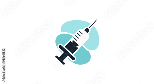 A stylized graphic illustration of a medical syringe with a blue abstract shape in the background, representing healthcare and medicine.