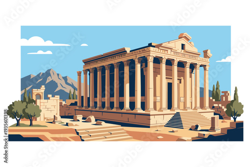 Ancient Architectural Marvel: A stylized depiction of an ancient temple, standing proud amidst a landscape of historical ruins and natural beauty. This image evokes a sense of history, grandeur.