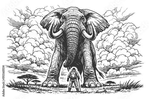 Giant African Elephant Facing a Small Human Explorer, Surreal Engraving Style Vector Illustration of Wildlife Encounter and Nature Scale.