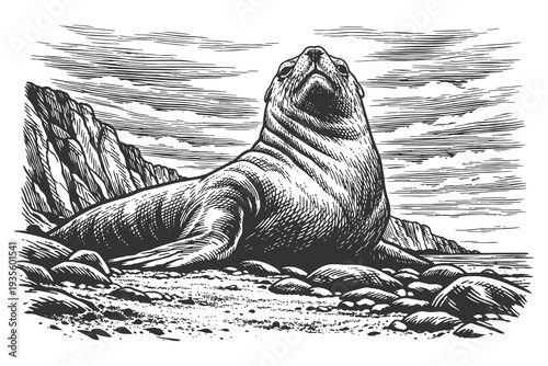 Large Sea Lion Resting on a Rocky Beach Shoreline, Classic Woodcut Style Vector Illustration for Marine Life and Coastal Nature Projects.