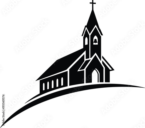 Black church silhouette with cross and bell tower on a hill for christian religion faith worship community and vector illustration