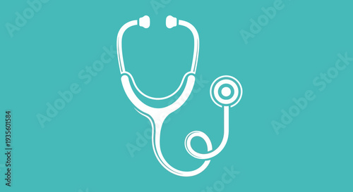 White outline illustration of a medical stethoscope on a solid teal background, symbolizing healthcare and diagnosis.