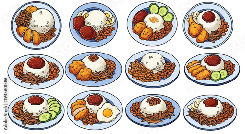Nasi Lemak Set Collection Illustration of Traditional Singaporean and Malaysian Coconut Rice with Fried Chicken Sambal Anchovies and Egg