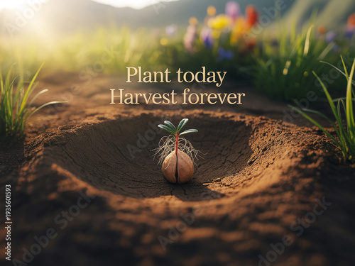 Tiny Seedling Growing from Soil with Inspirational Quote Flower Field Background