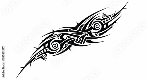 Abstract tribal tattoo design with flowing curved ornamental elements.