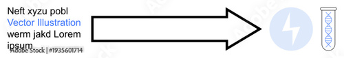 Genetic research, DNA testing, scientific methods, energy transfer, data flow, biotech industry. Arrow pointing from energy symbol to DNA helix in a test tube. DNA testing and genetic research theme