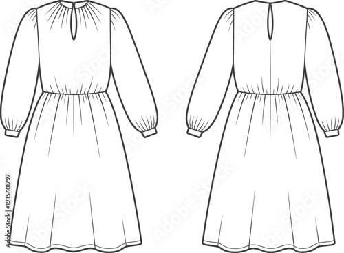 Women's long sleeve midi dress technical fashion sketch vector illustration with gathered neckline elastic waist keyhole back and bishop sleeves front and back view
