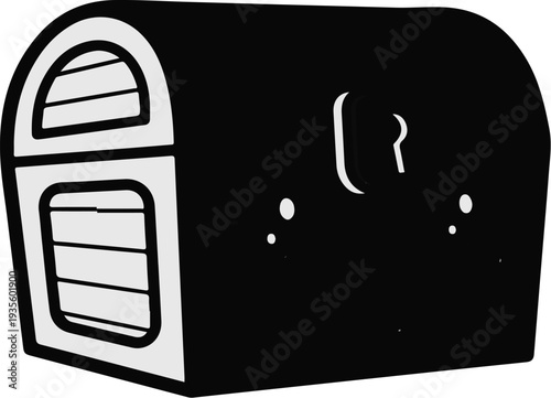 A stylized black treasure chest with light gray, slatted panels on the front