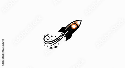Black rocket with orange accents soars with stars and trails
