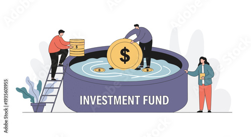 Diverse group managing money and coins within a large investment fund container with dollar symbols