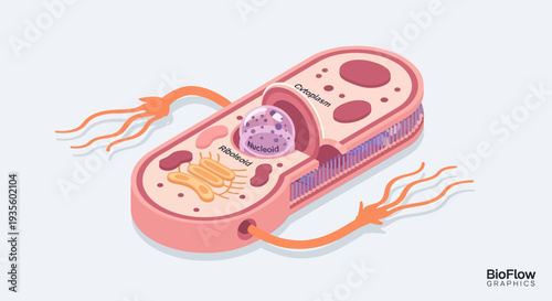Diagram illustrating the internal structure of a prokaryotic bacterial cell, highlighting key organelles and external flagella for motility.