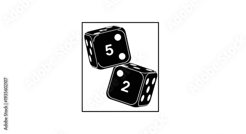 Two black dice illustration with numbers 5 and 2 on a transparent background from an angled viewpoint