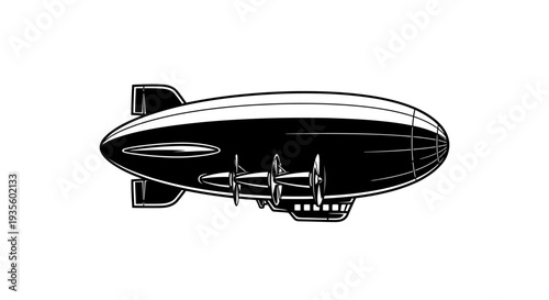 A vintage black and white illustration of a zeppelin airship flying with propellers, showcasing transportation technology