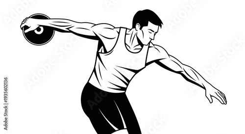 Man throwing discus in athletic stance, illustration of sports action, capturing strength and technique