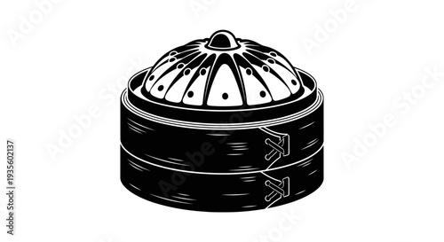 An illustration of a black and white container with a dome-shaped lid and arrows on the side