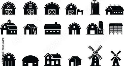 Farm and agriculture building icons set featuring barn, silo, farmhouse, windmill, storage shed and rural farming structure symbols silhouette collection