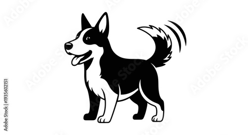Black and white dog running with wagging tail in an open space, side view illustration