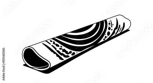 A rolled up illustration of a zebra hide with black and white patterns viewed from the side