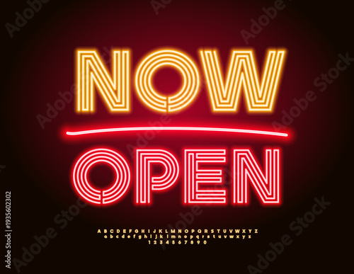 Vector Neon board Now Open. Led Light Font. Glowing set of Bright Alphabet Letters and Numbers