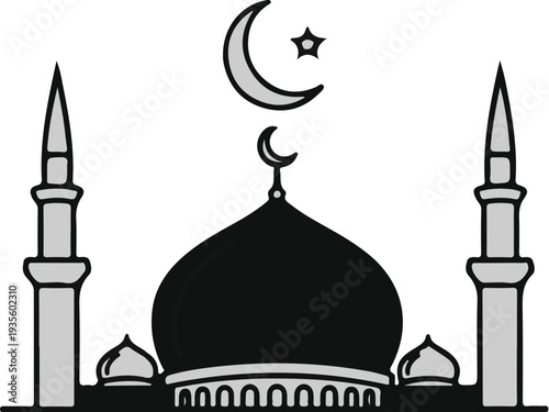 Stylized Islamic mosque with crescent moon, star, dome, minarets, and archways