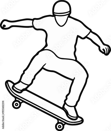 Stylized line art of a person on a skateboard, mid-air, performing a trick
