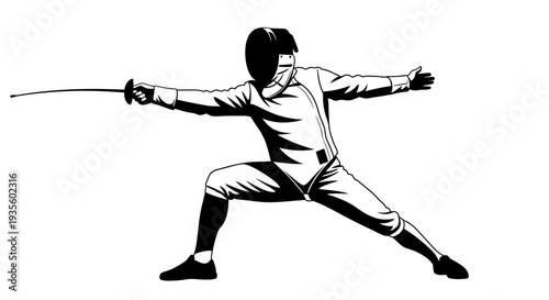 Fencer in action stance with sword, practicing fencing techniques, athletic pose illustration