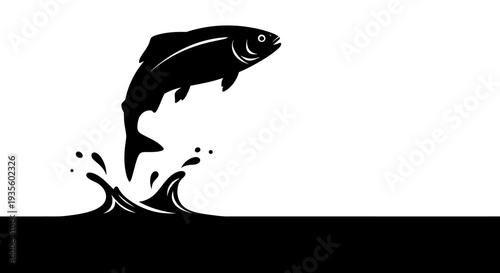 A black silhouette of a fish leaping from the water's surface, illustration, dynamic scene