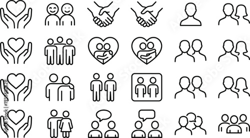 Human relationship and community icons set featuring handshake, friendship, love heart, group people, communication, teamwork, support and social connection symbols line vector