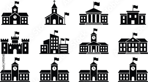 School and education building icons set featuring academy, college, university campus, classroom building, clock tower school and educational institution symbols silhouette collection