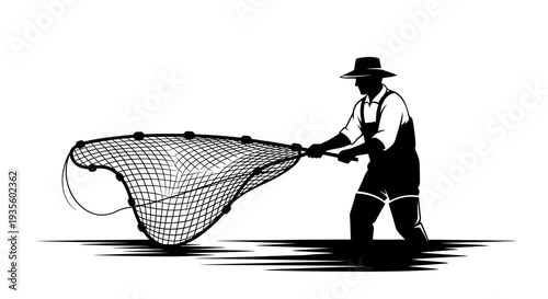 Fisherman casting a large net on a serene beach, viewed from the side in a calm environment